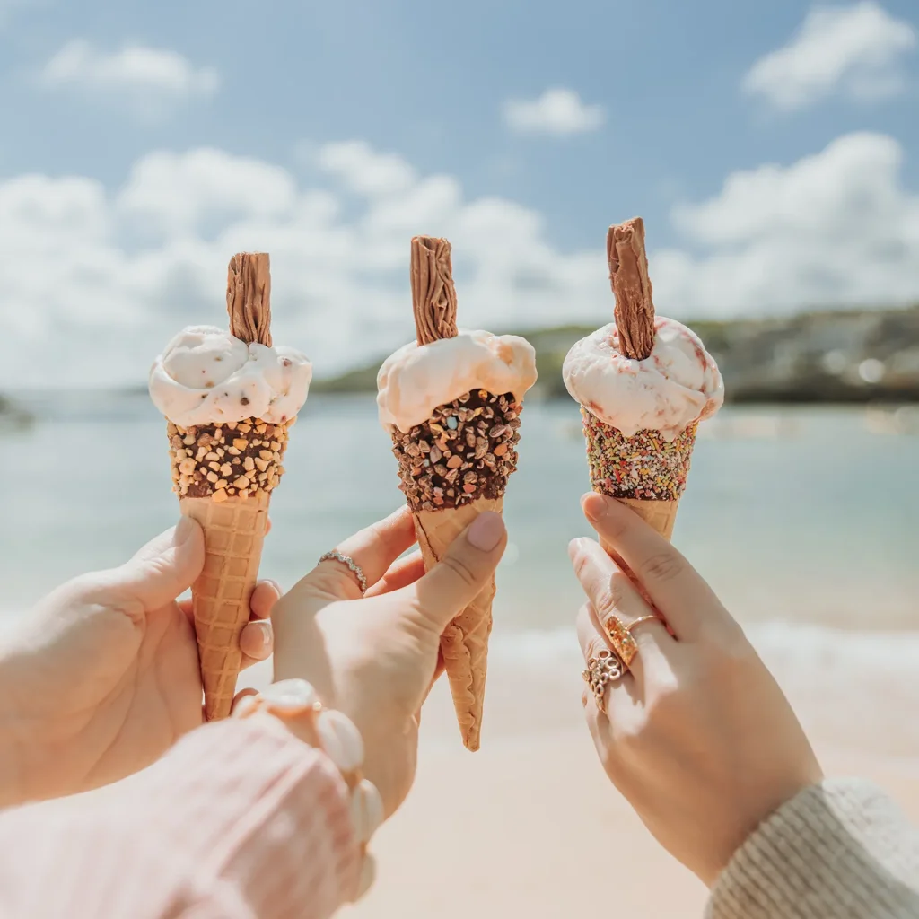 Three hands holding ice cream cones from Moomaid of Zennor by the beach in Cornwall, England.