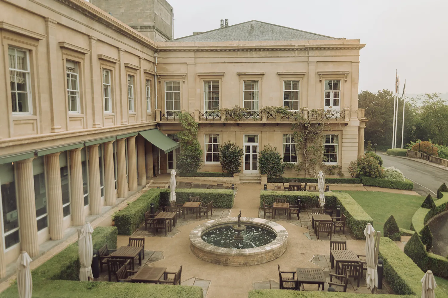 Garden courtyard with fountain at Macdonald Bath Spa Hotel in Bath, England.
