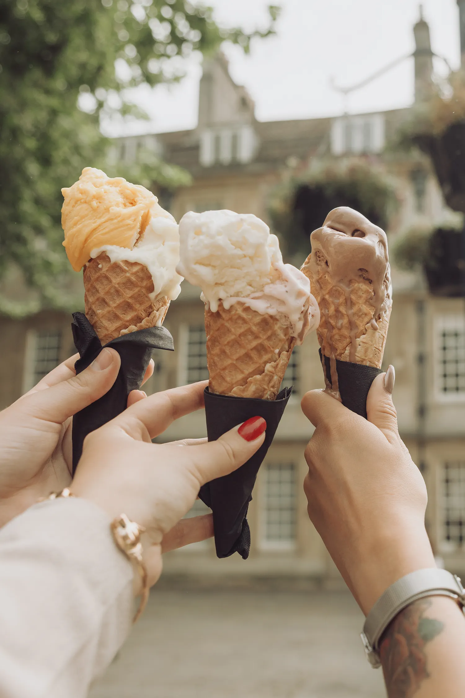 Three gelato cones from Swoon Gelato in Bath, England.