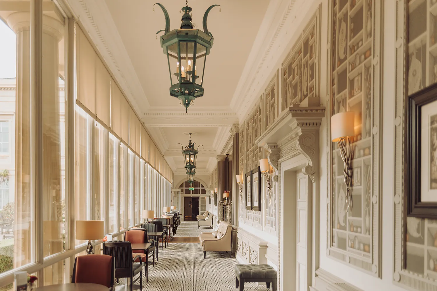 Elegant corridor inside Macdonald Bath Spa Hotel in Bath, England.