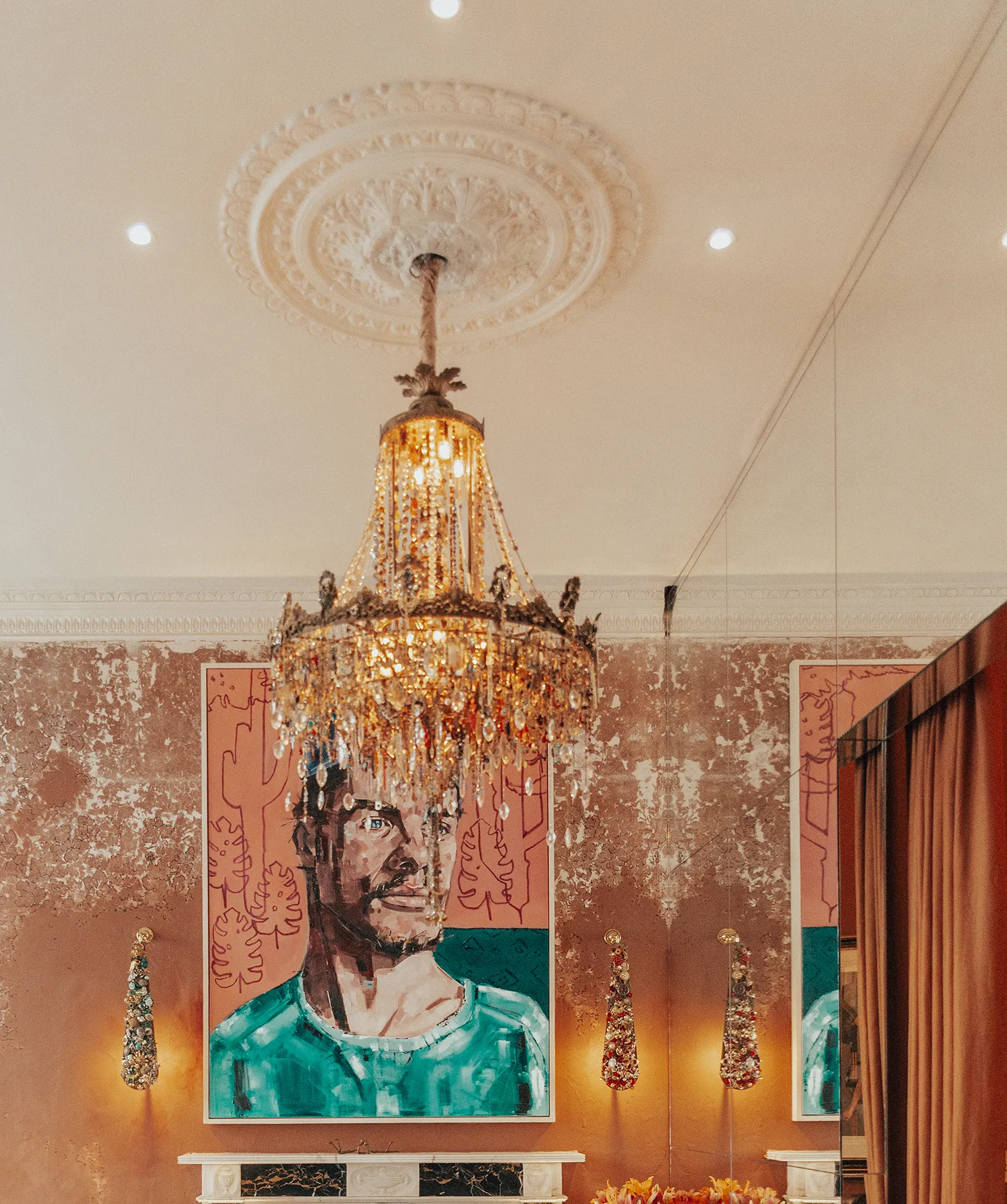 The Lost Earring chandelier hanging inside No.15 by GuestHouse hotel in Bath.