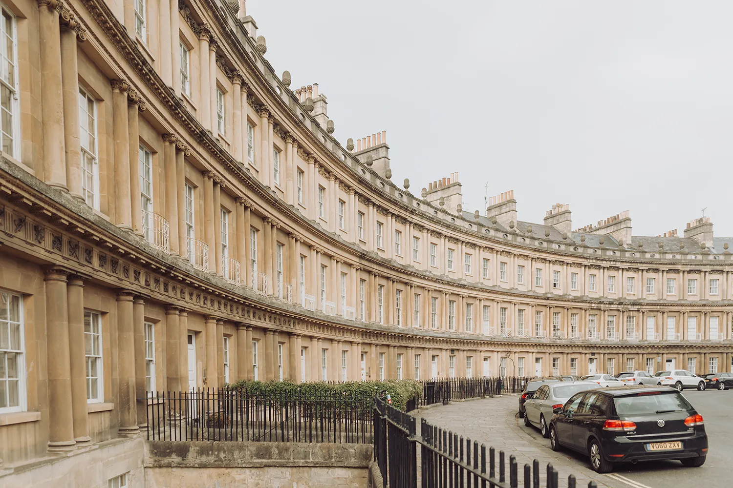 The Circus in Bath, England, a circular row of Georgian townhouses built from honey-colored Bath stone.