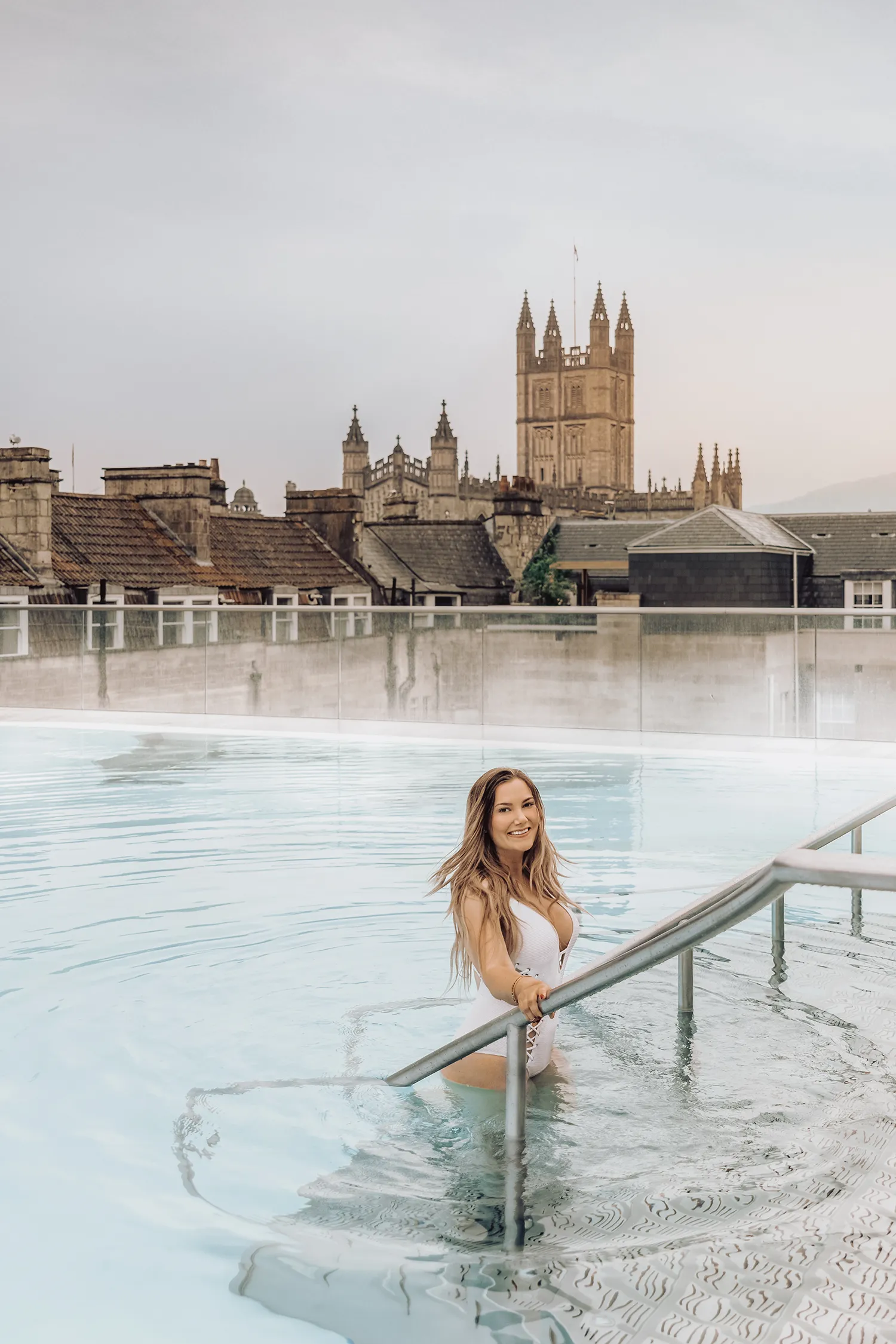 Ida Josefin Eriksson relaxing in the rooftop pool at Thermae Bath Spa in Bath, England.